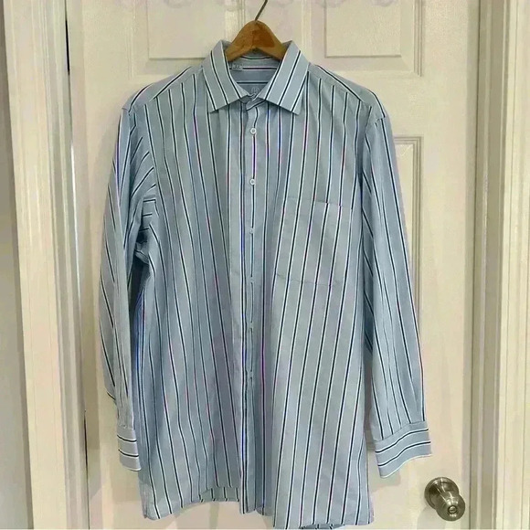 Harry & Sons Blue Striped Button Down Dress Shirt Size 17 34/35 Italian - Picture 1 of 6